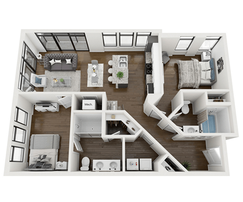 Floor plan for 2 beds, 2 baths, 997 sqft